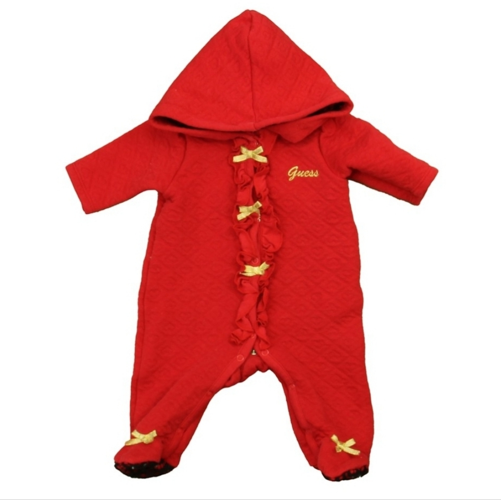 5 for $25 | Guess Baby Quilted Hooded Heart Pattern Footed Long Sleeve Onesie